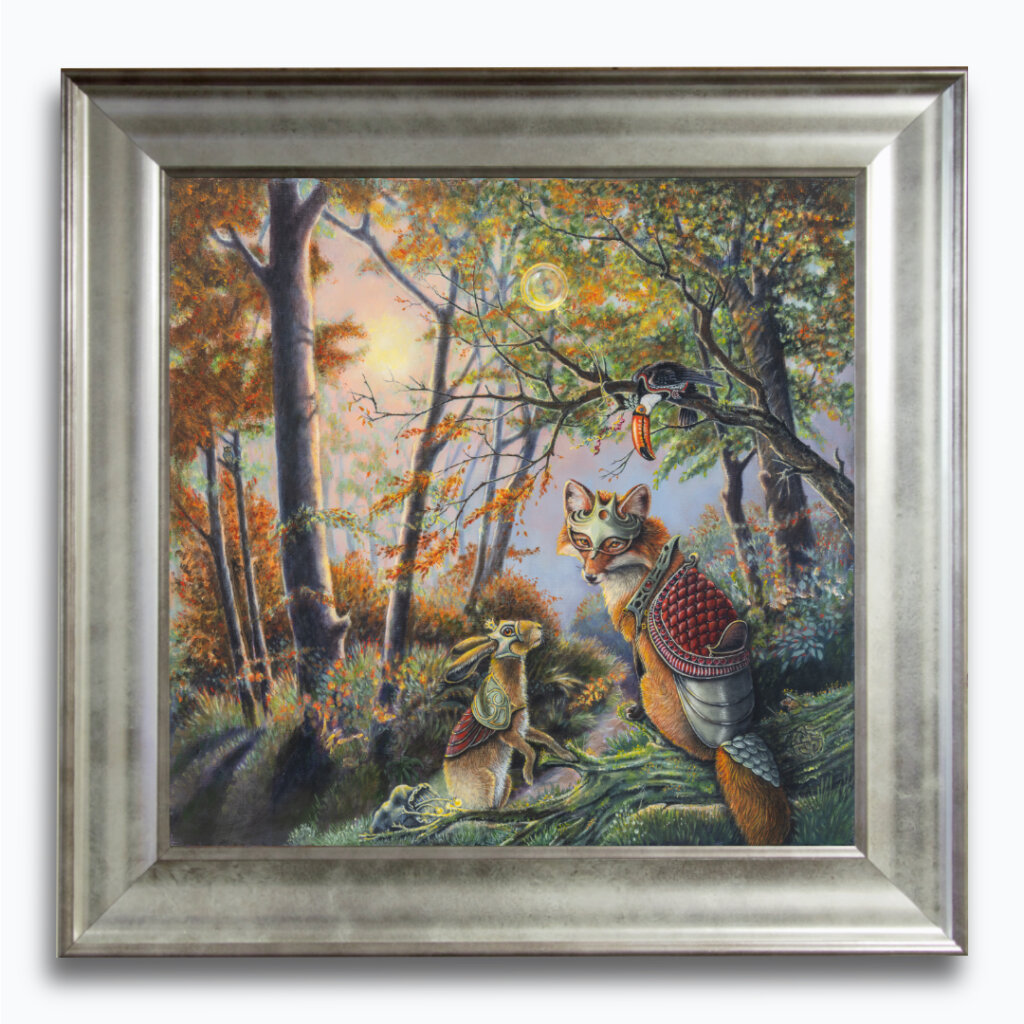 Pilgrim's Gather... painted by renowned UK fantasy artist Ann Richmond, is set in a rich, Autumnal woodland and introduces three companions on a journey of perseverance and spiritual awakening. Part of the Otherwurlde Collection, this artwork invites viewers into a fabled realm of armoured animals and hidden tales. Discover both the original work and fine-art prints of this enchanting piece at Otherwurlde.com.