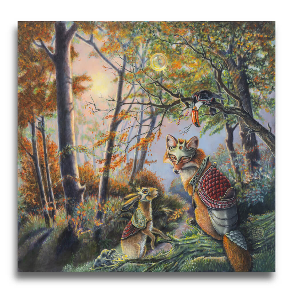 Pilgrim's Gather... painted by renowned UK fantasy artist Ann Richmond, is set in a rich, Autumnal woodland and introduces three companions on a journey of perseverance and spiritual awakening. Part of the Otherwurlde Collection, this artwork invites viewers into a fabled realm of armoured animals and hidden tales. Discover both the original work and fine-art prints of this enchanting piece at Otherwurlde.com.