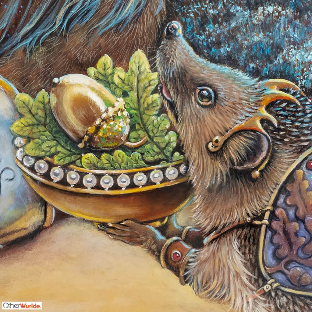 The Seed and the Flame... painted by renowned UK fantasy artist Ann Richmond, features a brave hedgehog as it presents an acorn to a gentle lion, in a scene rich with symbolism and emotion. Part of the Otherwurlde Collection, this artwork invites viewers into a fabled realm of armoured animals and hidden tales. Discover both the original work and fine-art prints of this enchanting piece at Otherwurlde.com.