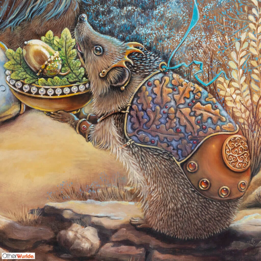 The Seed and the Flame... painted by renowned UK fantasy artist Ann Richmond, features a brave hedgehog as it presents an acorn to a gentle lion, in a scene rich with symbolism and emotion. Part of the Otherwurlde Collection, this artwork invites viewers into a fabled realm of armoured animals and hidden tales. Discover both the original work and fine-art prints of this enchanting piece at Otherwurlde.com.