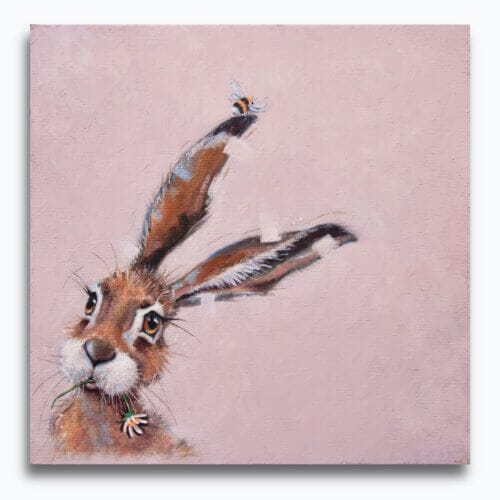 "Bee Hare Now..." painted by renowned UK wildlife artist Ann Richmond, is a charming, whimsical portrait featuring a Bumble Bee that's tickling a Hare's ear... The piece comes alive with vibrant brush strokes over a richly textured canvas, capturing the delicate interplay of nature in a moment of quiet wonder. Each piece in The Wylde Ones is rendered in Richmond’s fresh, energetic, and gestural new style—a deliberate departure from her works in The Otherwurlde Collection. The backgrounds are carefully matched to hues from a heritage palette we affectionately call “Barrow & Fall”; complementing these striking and distinctive portrayals of British wildlife. Discover the original works and fine-art prints at Otherwurlde.com.