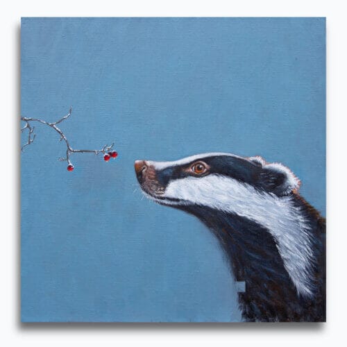 "Berries for Badger..." painted by renowned UK wildlife artist Ann Richmond, is a striking and soulful portrait featuring an inquisitive Badger tempted by some berries! The piece comes alive with vibrant brush strokes over a richly textured canvas, capturing the delicate interplay of nature in a moment of quiet wonder. Each piece in The Wylde Ones is rendered in Richmond’s fresh, energetic, and gestural new style—a deliberate departure from her works in The Otherwurlde Collection. The backgrounds are carefully matched to hues from a heritage palette we affectionately call “Barrow & Fall”; complementing these striking and distinctive portrayals of British wildlife. Discover the original works and fine-art prints at Otherwurlde.com.