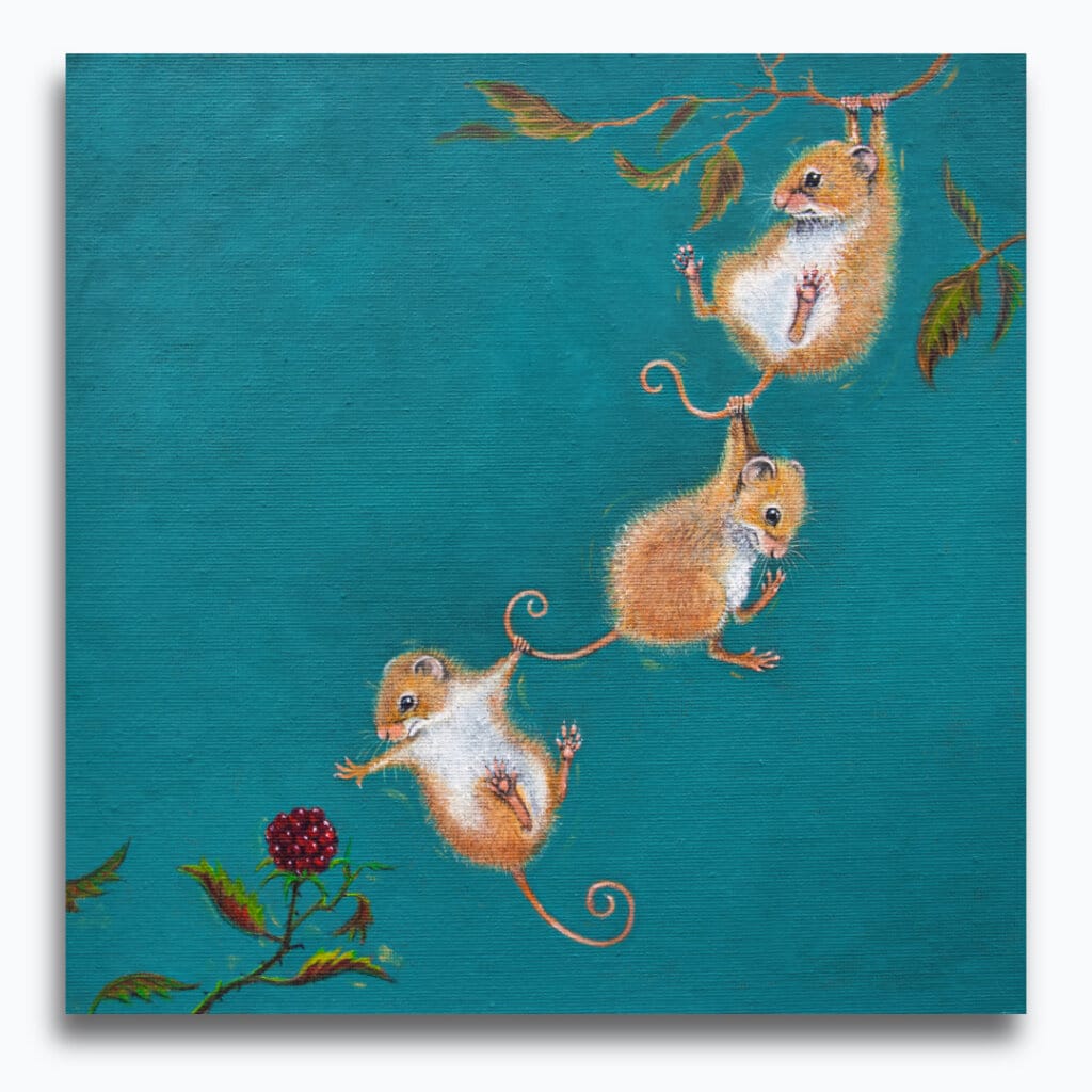 "Three Thieves..." painted by renowned UK wildlife artist Ann Richmond, is a striking and witty portrait featuring a trio of Harvest Mice as they attempt a grand theft! The piece comes alive with vibrant brush strokes over a richly textured canvas, capturing the delicate interplay of nature in a moment of quiet wonder. Each piece in The Wylde Ones is rendered in Richmond’s fresh, energetic, and gestural new style—a deliberate departure from her works in The Otherwurlde Collection. The backgrounds are carefully matched to hues from a heritage palette we affectionately call “Barrow & Fall”; complementing these striking and distinctive portrayals of British wildlife. Discover the original works and fine-art prints at Otherwurlde.com.