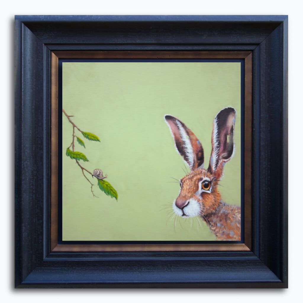 "Life in the Slow Lane..." painted by renowned UK wildlife artist Ann Richmond, is an endearing, whimsical portrait featuring a puzzled Hare as it encounters a snail... The piece comes alive with vibrant brush strokes over a richly textured canvas, capturing the delicate interplay of nature in a moment of quiet wonder. Each piece in The Wylde Ones is rendered in Richmond’s fresh, energetic, and gestural new style—a deliberate departure from her works in The Otherwurlde Collection. The backgrounds are carefully matched to hues from a heritage palette we affectionately call “Barrow & Fall”; complementing these striking and distinctive portrayals of British wildlife. Discover the original works and fine-art prints at Otherwurlde.com.