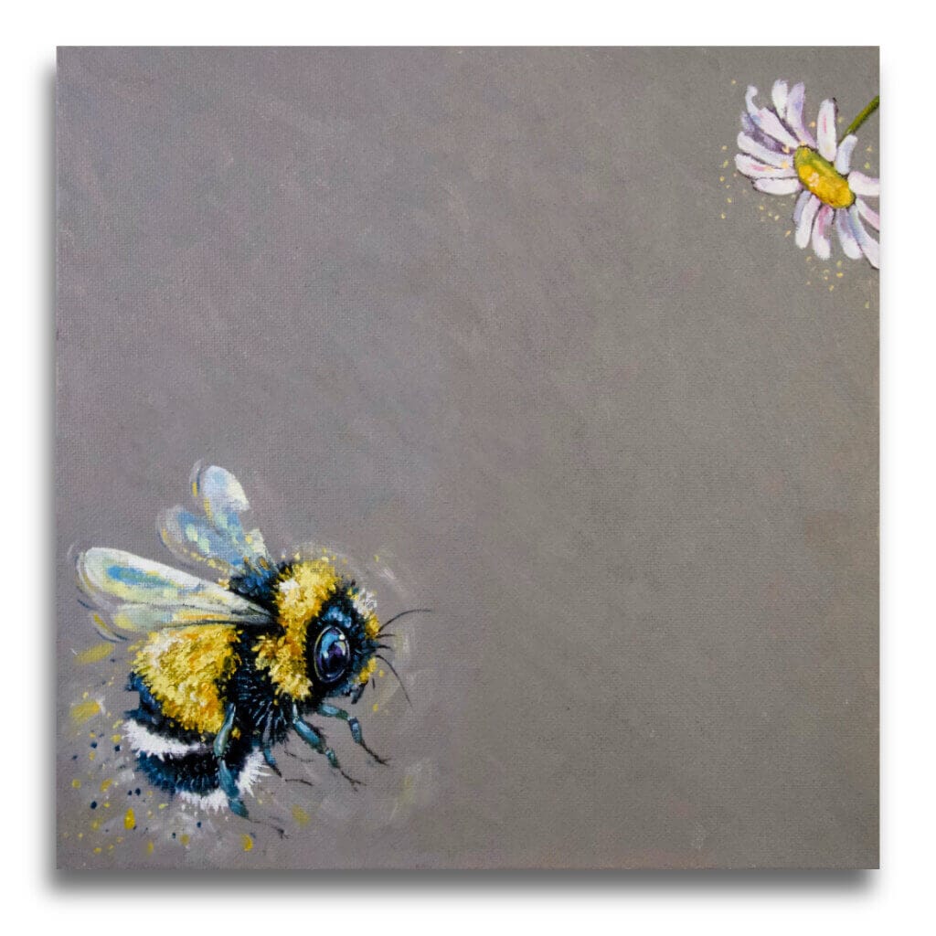 "Gold Dust..." painted by renowned UK wildlife artist Ann Richmond, is an inspirational & serene portrait of a Bumble Bee as it approaches a Moon Daisy... The piece comes alive with vibrant brush strokes over a richly textured canvas, capturing the delicate interplay of nature in a moment of quiet wonder. Each piece in The Wylde Ones is rendered in Richmond’s fresh, energetic, and gestural new style—a deliberate departure from her works in The Otherwurlde Collection. The backgrounds are carefully matched to hues from a heritage palette we affectionately call “Barrow & Fall”; complementing these striking and distinctive portrayals of British wildlife. Discover the original works and fine-art prints at Otherwurlde.com.
