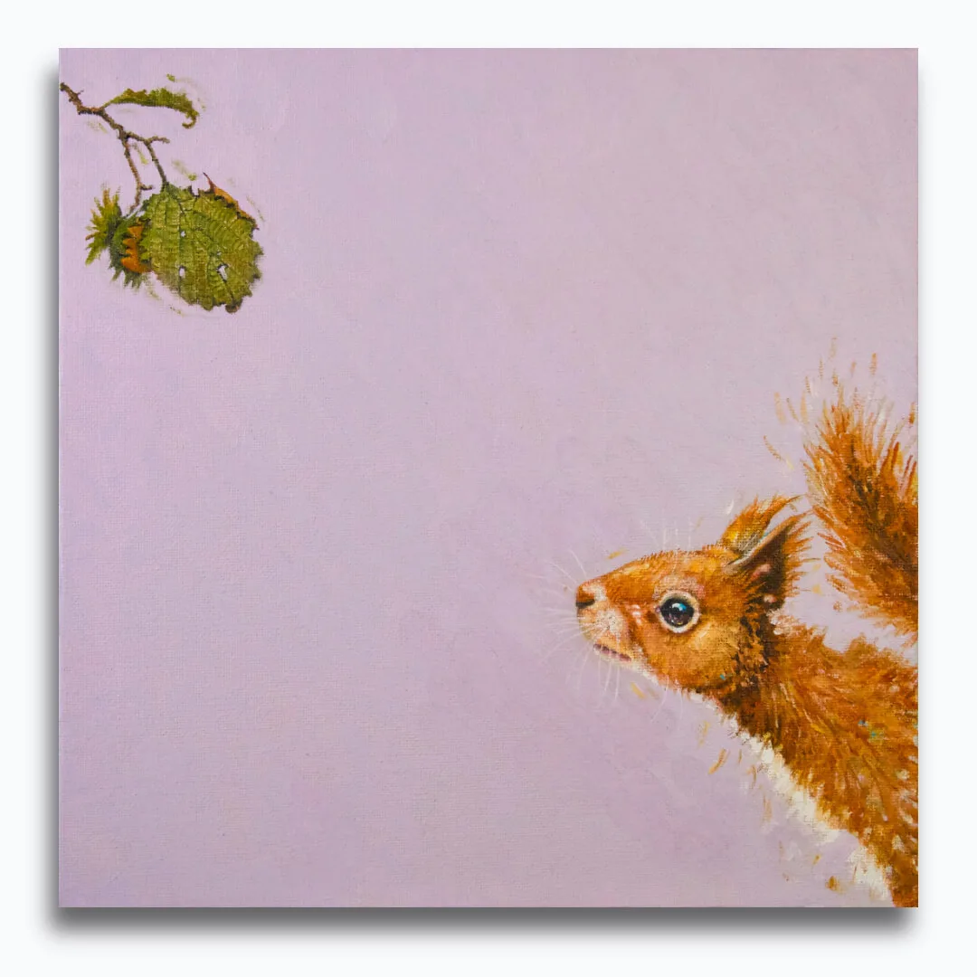 "So Near..." painted by renowned UK wildlife artist Ann Richmond, is a thoughtful & playful portrait of a Red Squirrel as it realises its lunch is further away than it seems! The piece comes alive with vibrant brush strokes over a richly textured canvas, capturing the delicate interplay of nature in a moment of quiet wonder. Each piece in The Wylde Ones is rendered in Richmond’s fresh, energetic, and gestural new style—a deliberate departure from her works in The Otherwurlde Collection. The backgrounds are carefully matched to hues from a heritage palette we affectionately call “Barrow & Fall”; complementing these striking and distinctive portrayals of British wildlife. Discover the original works and fine-art prints at Otherwurlde.com.