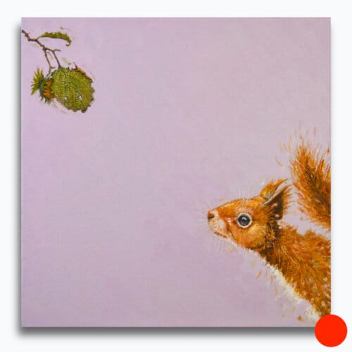"So Near..." painted by renowned UK wildlife artist Ann Richmond, is a thoughtful & playful portrait of a Red Squirrel as it realises its lunch is further away than it seems! The piece comes alive with vibrant brush strokes over a richly textured canvas, capturing the delicate interplay of nature in a moment of quiet wonder. Each piece in The Wylde Ones is rendered in Richmond’s fresh, energetic, and gestural new style—a deliberate departure from her works in The Otherwurlde Collection. The backgrounds are carefully matched to hues from a heritage palette we affectionately call “Barrow & Fall”; complementing these striking and distinctive portrayals of British wildlife. Discover the original works and fine-art prints at Otherwurlde.com.
