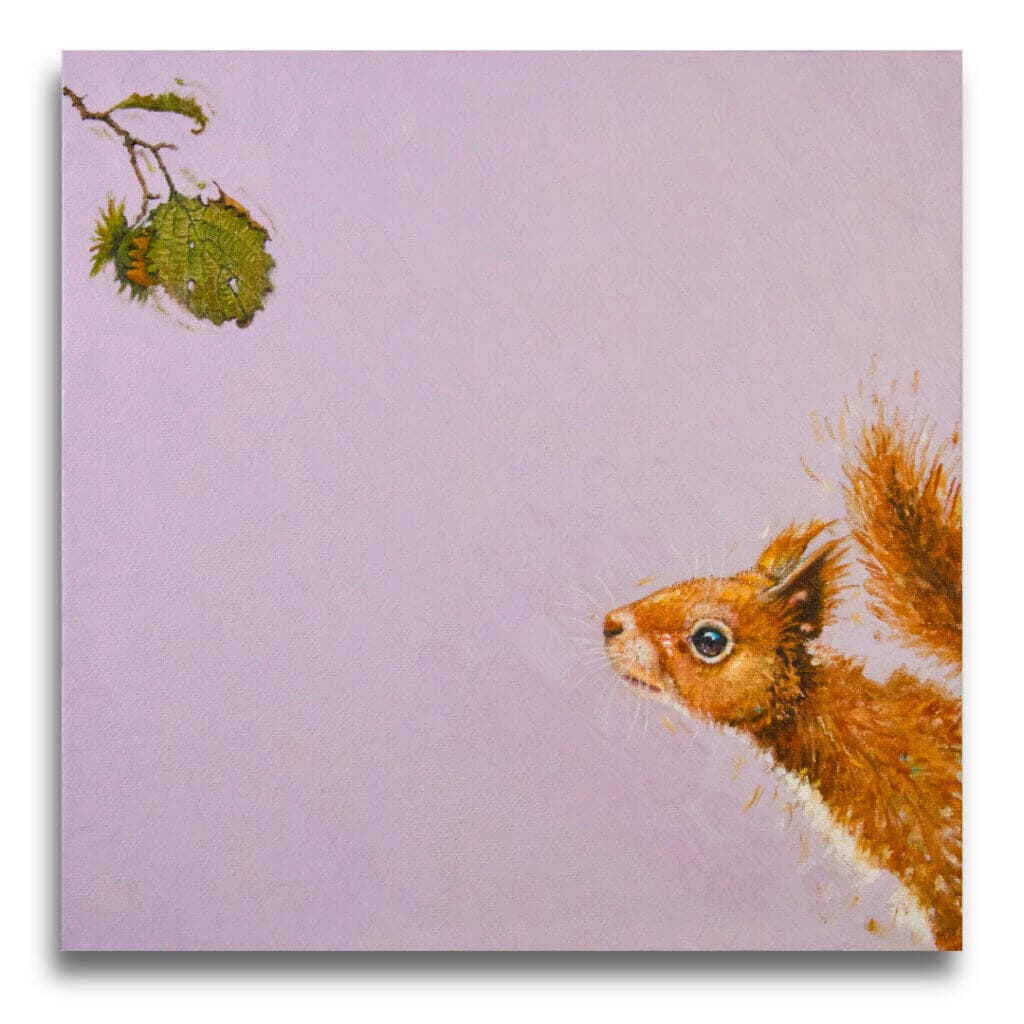 "So Near..." painted by renowned UK wildlife artist Ann Richmond, is a thoughtful & playful portrait of a Red Squirrel as it realises its lunch is further away than it seems! The piece comes alive with vibrant brush strokes over a richly textured canvas, capturing the delicate interplay of nature in a moment of quiet wonder. Each piece in The Wylde Ones is rendered in Richmond’s fresh, energetic, and gestural new style—a deliberate departure from her works in The Otherwurlde Collection. The backgrounds are carefully matched to hues from a heritage palette we affectionately call “Barrow & Fall”; complementing these striking and distinctive portrayals of British wildlife. Discover the original works and fine-art prints at Otherwurlde.com.