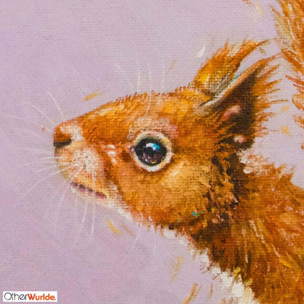 "So Near..." painted by renowned UK wildlife artist Ann Richmond, is a thoughtful & playful portrait of a Red Squirrel as it realises its lunch is further away than it seems! The piece comes alive with vibrant brush strokes over a richly textured canvas, capturing the delicate interplay of nature in a moment of quiet wonder. Each piece in The Wylde Ones is rendered in Richmond’s fresh, energetic, and gestural new style—a deliberate departure from her works in The Otherwurlde Collection. The backgrounds are carefully matched to hues from a heritage palette we affectionately call “Barrow & Fall”; complementing these striking and distinctive portrayals of British wildlife. Discover the original works and fine-art prints at Otherwurlde.com.