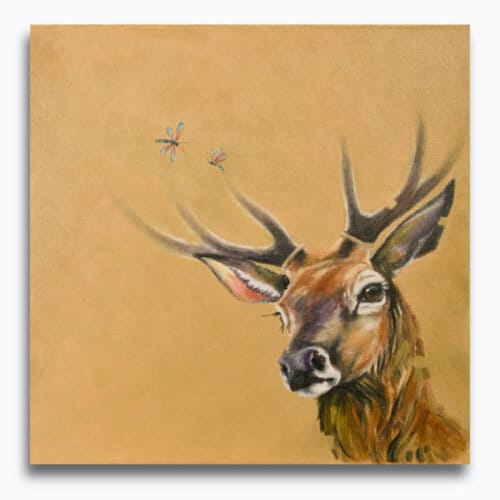 "There Be More Dragons..." painted by renowned UK wildlife artist Ann Richmond. This is a soulful and dreamlike companion portrait of a Red Deer Stag, that matches the Doe, featured in the earlier 'There Be Dragons...'. The piece comes alive with vibrant brush strokes over a richly textured canvas, capturing the delicate interplay of nature in a moment of quiet wonder. Each piece in The Wylde Ones is rendered in Richmond’s fresh, energetic, and gestural new style—a deliberate departure from her works in The Otherwurlde Collection. The backgrounds are carefully matched to hues from a heritage palette we affectionately call “Barrow & Fall”; complementing these striking and distinctive portrayals of British wildlife. Discover the original works and fine-art prints at Otherwurlde.com.