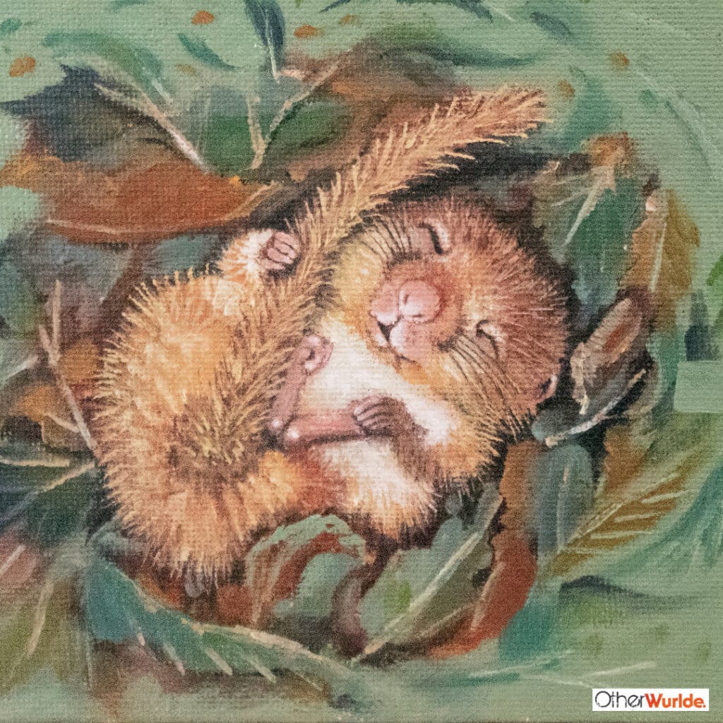 "Sweet Dreams..." painted by renowned UK wildlife artist Ann Richmond, is an endearing, timeless portrait featuring a hibernating Dormouse in a nest of leaves... The piece comes alive with vibrant brush strokes over a richly textured canvas, capturing the delicate interplay of nature in a moment of quiet wonder. Each piece in The Wylde Ones is rendered in Richmond’s fresh, energetic, and gestural new style—a deliberate departure from her works in The Otherwurlde Collection. The backgrounds are carefully matched to hues from a heritage palette we affectionately call “Barrow & Fall”; complementing these striking and distinctive portrayals of British wildlife. Discover the original works and fine-art prints at Otherwurlde.com.