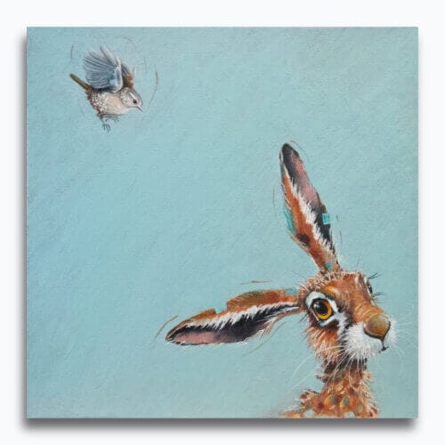 'Harey Landing!', features a little Wren, as it comes in for a landing on what looks to be a suitable perch... We're left wondering at the chaos that will soon ensue! 'Harey Landing!' is the third artwork in this collection by renowned UK wildlife artist Ann Richmond to feature a hare. The piece comes alive with vibrant brush strokes over a richly textured canvas, capturing the delicate interplay of nature in a moment of quiet wonder. Each piece in The Wylde Ones is rendered in Richmond’s fresh, energetic, and gestural new style—a deliberate departure from her works in The Otherwurlde Collection. The backgrounds are carefully matched to hues from a heritage palette we affectionately call “Barrow & Fall”; complementing these striking and distinctive portrayals of British wildlife. Discover the original works and fine-art prints at Otherwurlde.com.