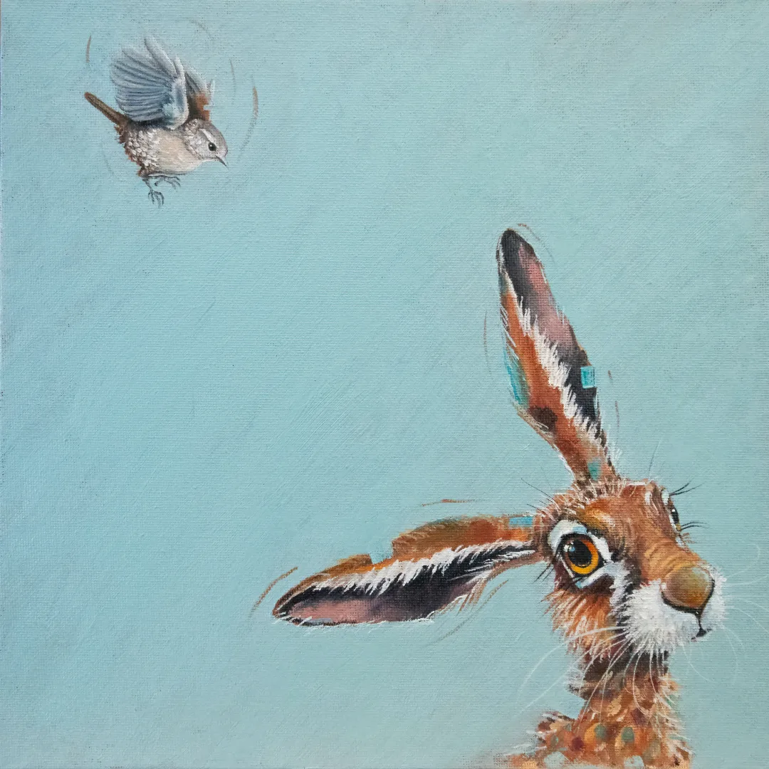 'Harey Landing!', features a little Wren, as it comes in for a landing on what looks to be a suitable perch... We're left wondering at the chaos that will soon ensue! 'Harey Landing!' is the third artwork in this collection by renowned UK wildlife artist Ann Richmond to feature a hare. The piece comes alive with vibrant brush strokes over a richly textured canvas, capturing the delicate interplay of nature in a moment of quiet wonder. Each piece in The Wylde Ones is rendered in Richmond’s fresh, energetic, and gestural new style—a deliberate departure from her works in The Otherwurlde Collection. The backgrounds are carefully matched to hues from a heritage palette we affectionately call “Barrow & Fall”; complementing these striking and distinctive portrayals of British wildlife. Discover the original works and fine-art prints at Otherwurlde.com.