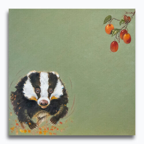 'Feeling Fruity!', features an energetic badger as it gallops towards the viewer... Or has it spotted the enticing bunch of Victoria plums instead? Look closer and you'll spot something else that's already found it! Painted by renowned UK wildlife artist Ann Richmond, the artwork comes alive with vibrant brush strokes over a richly textured canvas, capturing the delicate interplay of nature in a moment of quiet wonder. Each piece in The Wylde Ones is rendered in Richmond’s fresh, energetic, and gestural new style—a deliberate departure from her works in The Otherwurlde Collection. The backgrounds are carefully matched to hues from a heritage palette we affectionately call “Barrow & Fall”; complementing these striking and distinctive portrayals of British wildlife. Discover the original works and fine-art prints at Otherwurlde.com.