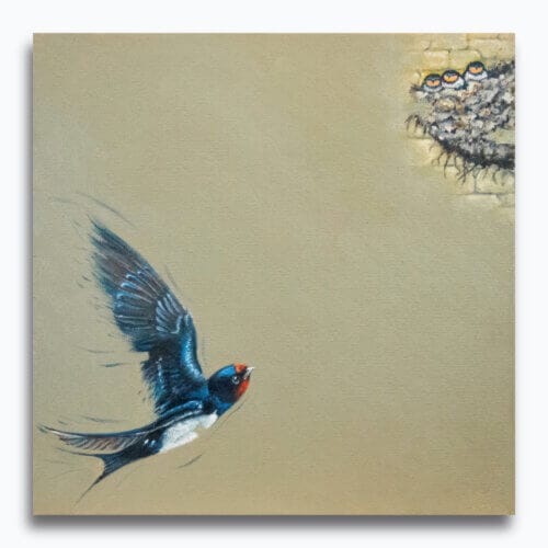 'Homeward Bound...' features a Swallow as it swoops back up to the nest, where three hungry chicks await! Inspired by the very nest which clings to the wall outside the studio of renowned UK wildlife artist Ann Richmond, the artwork comes alive with vibrant brush strokes over a richly textured canvas, capturing the delicate interplay of nature in a moment of quiet wonder. Each piece in The Wylde Ones is rendered in Richmond’s fresh, energetic, and gestural new style—a deliberate departure from her works in The Otherwurlde Collection. The backgrounds are carefully matched to hues from a heritage palette we affectionately call “Barrow & Fall”; complementing these striking and distinctive portrayals of British wildlife. Discover the original works and fine-art prints at Otherwurlde.com.