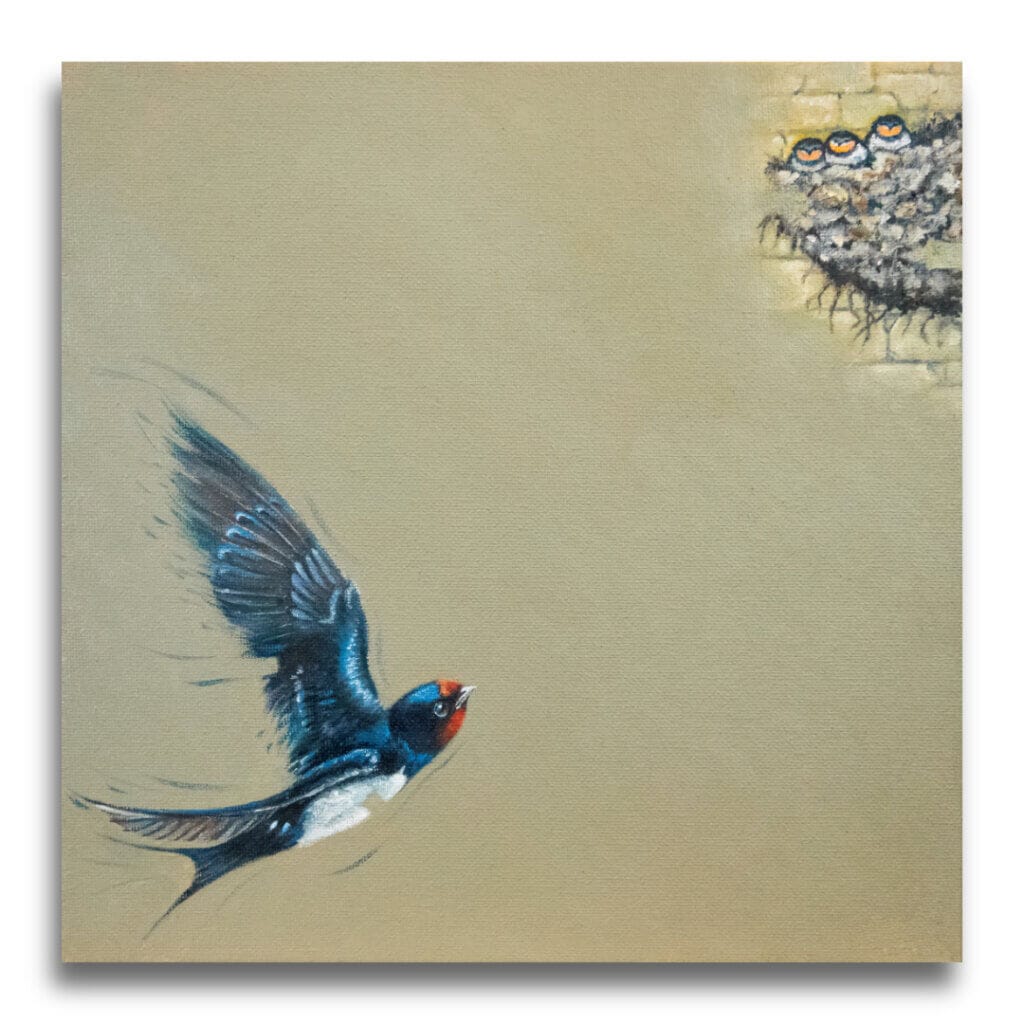 'Homeward Bound...' features a Swallow as it swoops back up to the nest, where three hungry chicks await! Inspired by the very nest which clings to the wall outside the studio of renowned UK wildlife artist Ann Richmond, the artwork comes alive with vibrant brush strokes over a richly textured canvas, capturing the delicate interplay of nature in a moment of quiet wonder. Each piece in The Wylde Ones is rendered in Richmond’s fresh, energetic, and gestural new style—a deliberate departure from her works in The Otherwurlde Collection. The backgrounds are carefully matched to hues from a heritage palette we affectionately call “Barrow & Fall”; complementing these striking and distinctive portrayals of British wildlife. Discover the original works and fine-art prints at Otherwurlde.com.
