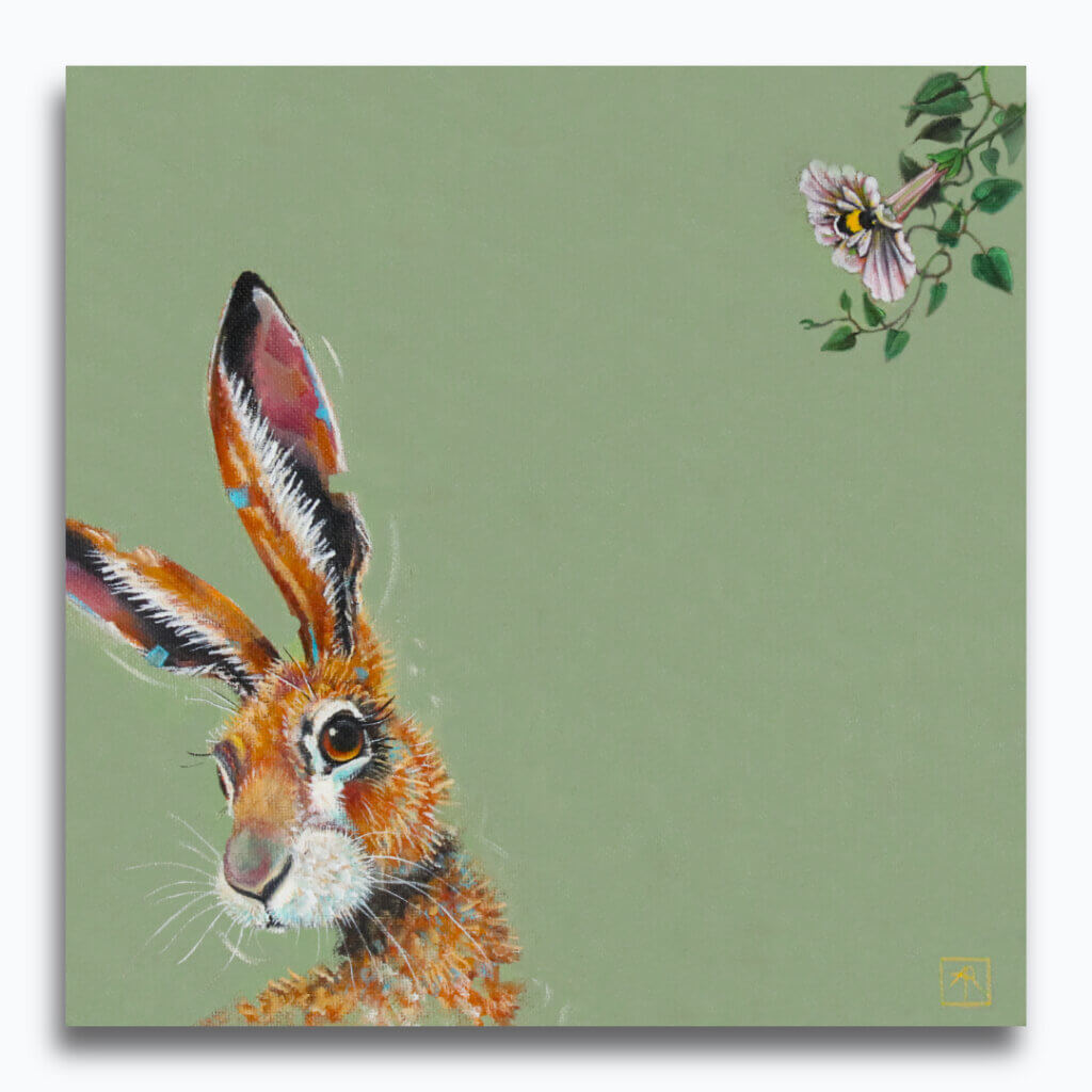 'Harebell...' features a vigilant Hare, who has suddenly heard the 'BUZZ!' of a bumblebee, but can't place the source: all he can see is the distinctive trumpet of a Morning Glory flower... Can YOU spot it? Painted by renowned UK wildlife artist Ann Richmond, the artwork comes alive with vibrant brush strokes over a richly textured canvas, capturing the delicate interplay of nature in a moment of quiet wonder. Each piece in The Wylde Ones is rendered in Richmond’s fresh, energetic, and gestural new style—a deliberate departure from her works in The Otherwurlde Collection. The backgrounds are carefully matched to hues from a heritage palette we affectionately call “Barrow & Fall”; complementing these striking and distinctive portrayals of British wildlife. Discover the original works and fine-art prints at Otherwurlde.com.