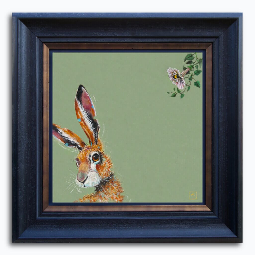 'Harebell...' features a vigilant Hare, who has suddenly heard the 'BUZZ!' of a bumblebee, but can't place the source: all he can see is the distinctive trumpet of a Morning Glory flower... Can YOU spot it? Painted by renowned UK wildlife artist Ann Richmond, the artwork comes alive with vibrant brush strokes over a richly textured canvas, capturing the delicate interplay of nature in a moment of quiet wonder. Each piece in The Wylde Ones is rendered in Richmond’s fresh, energetic, and gestural new style—a deliberate departure from her works in The Otherwurlde Collection. The backgrounds are carefully matched to hues from a heritage palette we affectionately call “Barrow & Fall”; complementing these striking and distinctive portrayals of British wildlife. Discover the original works and fine-art prints at Otherwurlde.com.