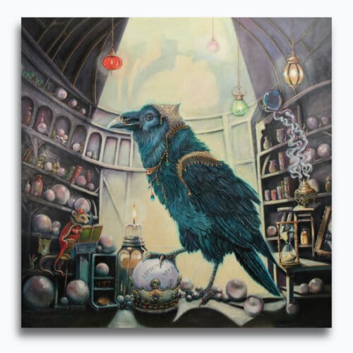 Ravensong… painted by UK fantasy artist Ann Richmond, presents a striking raven at rest within the scribing hall of the Otherwurlde. Usually intent on engraving guidance upon the legendary Pearls of Wisdom, here it pauses—head cocked, beak poised—as though weighing what the next rune should reveal. A golden shaft of light illuminates the shelves and urns around it, symbols of the knowledge entrusted to this enigmatic guardian. The painting reflects an old truth: a bird does not sing because it has an answer, but because it has a song. In this moment of stillness, the raven’s presence suggests that wisdom lies not in final answers, but in the ongoing song itself—the search, the patience, the story unfolding. Part of the Otherwurlde Collection—created in collaboration with writer Gary Hyland—Ravensong invites collectors into a world where armoured animals and hidden narratives converge. Available as the original artwork and in a limited range of fine-art prints. Discover more at Otherwurlde.com.