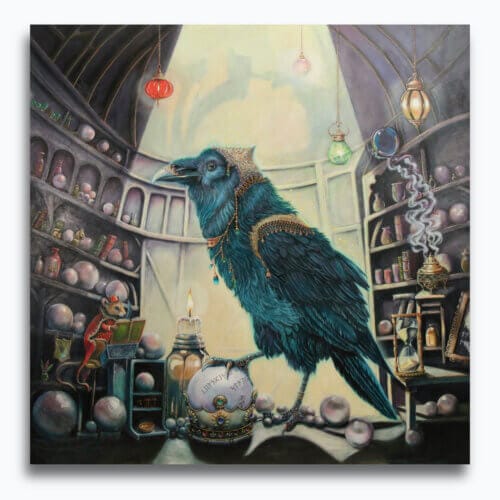 Ravensong… painted by UK fantasy artist Ann Richmond, presents a striking raven at rest within the scribing hall of the Otherwurlde. Usually intent on engraving guidance upon the legendary Pearls of Wisdom, here it pauses—head cocked, beak poised—as though weighing what the next rune should reveal. A golden shaft of light illuminates the shelves and urns around it, symbols of the knowledge entrusted to this enigmatic guardian. The painting reflects an old truth: a bird does not sing because it has an answer, but because it has a song. In this moment of stillness, the raven’s presence suggests that wisdom lies not in final answers, but in the ongoing song itself—the search, the patience, the story unfolding. Part of the Otherwurlde Collection—created in collaboration with writer Gary Hyland—Ravensong invites collectors into a world where armoured animals and hidden narratives converge. Available as the original artwork and in a limited range of fine-art prints. Discover more at Otherwurlde.com.