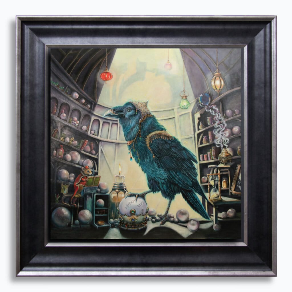 Ravensong… painted by UK fantasy artist Ann Richmond, presents a striking raven at rest within the scribing hall of the Otherwurlde. Usually intent on engraving guidance upon the legendary Pearls of Wisdom, here it pauses—head cocked, beak poised—as though weighing what the next rune should reveal. A golden shaft of light illuminates the shelves and urns around it, symbols of the knowledge entrusted to this enigmatic guardian. The painting reflects an old truth: a bird does not sing because it has an answer, but because it has a song. In this moment of stillness, the raven’s presence suggests that wisdom lies not in final answers, but in the ongoing song itself—the search, the patience, the story unfolding. Part of the Otherwurlde Collection—created in collaboration with writer Gary Hyland—Ravensong invites collectors into a world where armoured animals and hidden narratives converge. Available as the original artwork and in a limited range of fine-art prints. Discover more at Otherwurlde.com.