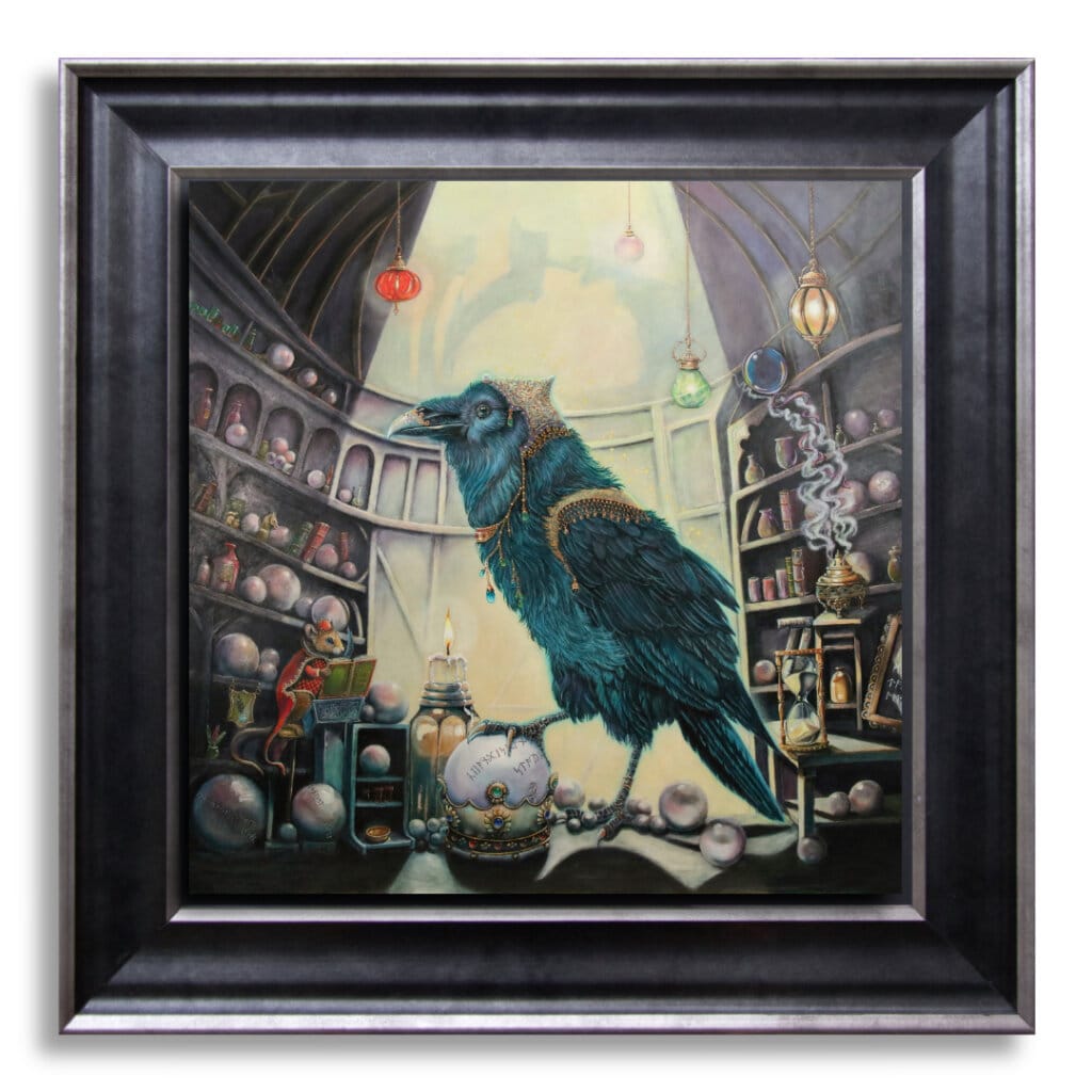 Ravensong… painted by UK fantasy artist Ann Richmond, presents a striking raven at rest within the scribing hall of the Otherwurlde. Usually intent on engraving guidance upon the legendary Pearls of Wisdom, here it pauses—head cocked, beak poised—as though weighing what the next rune should reveal. A golden shaft of light illuminates the shelves and urns around it, symbols of the knowledge entrusted to this enigmatic guardian. The painting reflects an old truth: a bird does not sing because it has an answer, but because it has a song. In this moment of stillness, the raven’s presence suggests that wisdom lies not in final answers, but in the ongoing song itself—the search, the patience, the story unfolding. Part of the Otherwurlde Collection—created in collaboration with writer Gary Hyland—Ravensong invites collectors into a world where armoured animals and hidden narratives converge. Available as the original artwork and in a limited range of fine-art prints. Discover more at Otherwurlde.com.