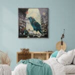 Ravensong… painted by UK fantasy artist Ann Richmond, presents a striking raven at rest within the scribing hall of the Otherwurlde. Usually intent on engraving guidance upon the legendary Pearls of Wisdom, here it pauses—head cocked, beak poised—as though weighing what the next rune should reveal. A golden shaft of light illuminates the shelves and urns around it, symbols of the knowledge entrusted to this enigmatic guardian. The painting reflects an old truth: a bird does not sing because it has an answer, but because it has a song. In this moment of stillness, the raven’s presence suggests that wisdom lies not in final answers, but in the ongoing song itself—the search, the patience, the story unfolding. Part of the Otherwurlde Collection—created in collaboration with writer Gary Hyland—Ravensong invites collectors into a world where armoured animals and hidden narratives converge. Available as the original artwork and in a limited range of fine-art prints. Discover more at Otherwurlde.com.