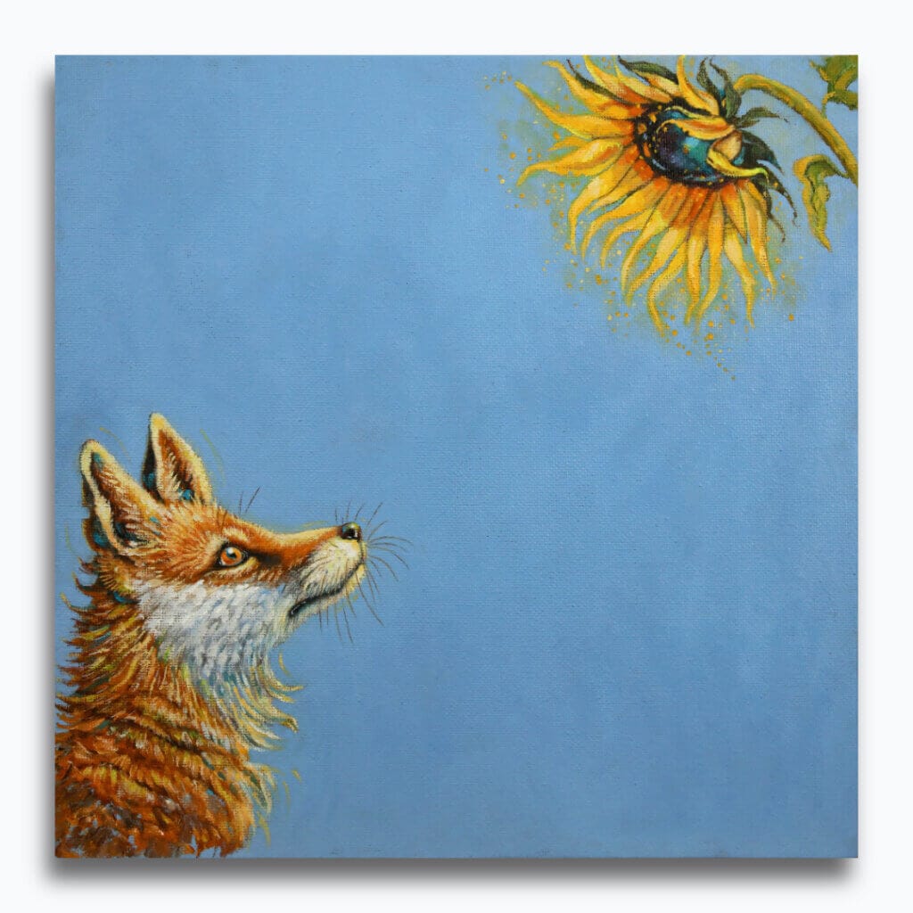 'Sunny Side Up!' This beautiful painting celebrates the noble fox at his best, as he stares awestruck at a glowing sunflower in all its glory. While it's true that you should 'never stare at the sun', we'd make an exception for this one! Painted by renowned UK wildlife artist Ann Richmond, the artwork comes alive with vibrant brush strokes over a richly textured canvas, capturing the delicate interplay of nature in a moment of quiet wonder. Each piece in The Wylde Ones is rendered in Richmond’s fresh, energetic, and gestural new style—a deliberate departure from her works in The Otherwurlde Collection. The backgrounds are carefully matched to hues from a heritage palette we affectionately call “Barrow & Fall”; complementing these striking and distinctive portrayals of British wildlife. Discover the original works and fine-art prints at Otherwurlde.com.