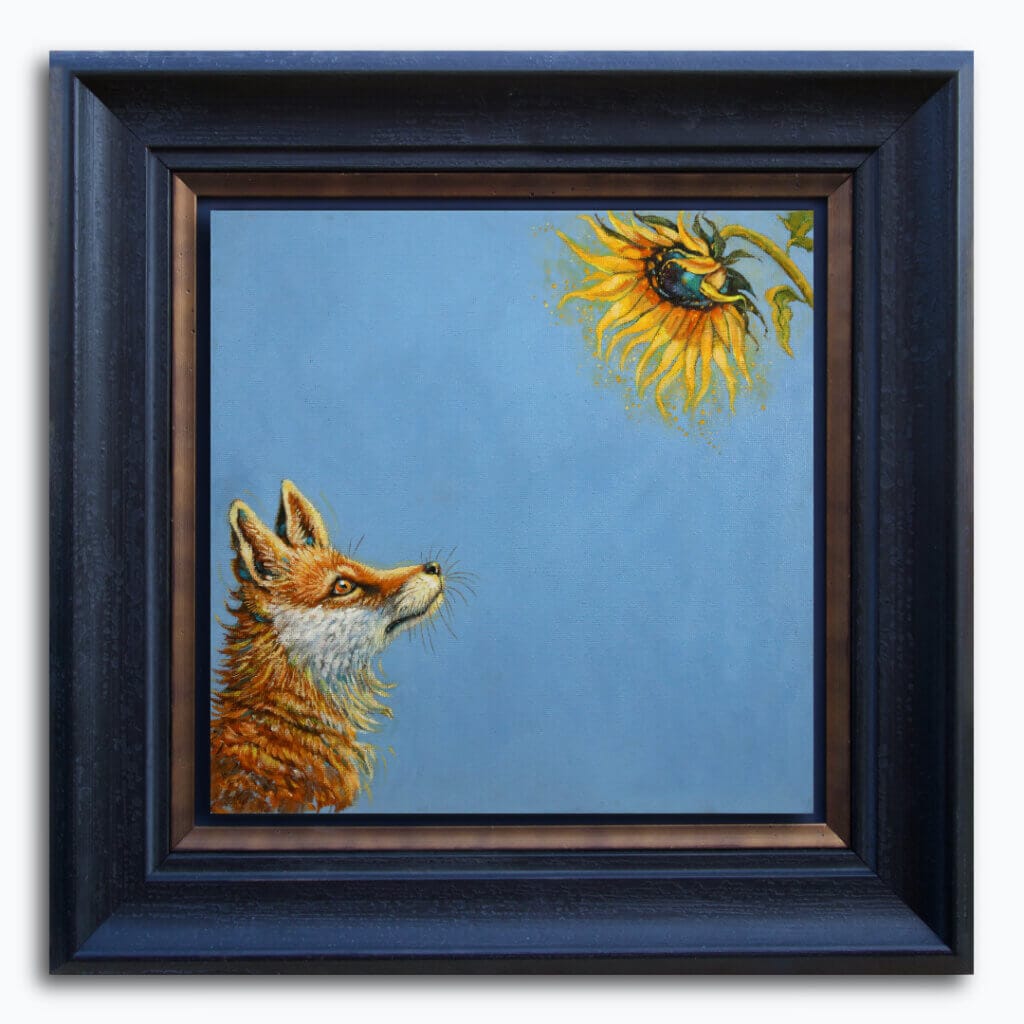 'Sunny Side Up!' This beautiful painting celebrates the noble fox at his best, as he stares awestruck at a glowing sunflower in all its glory. While it's true that you should 'never stare at the sun', we'd make an exception for this one! Painted by renowned UK wildlife artist Ann Richmond, the artwork comes alive with vibrant brush strokes over a richly textured canvas, capturing the delicate interplay of nature in a moment of quiet wonder. Each piece in The Wylde Ones is rendered in Richmond’s fresh, energetic, and gestural new style—a deliberate departure from her works in The Otherwurlde Collection. The backgrounds are carefully matched to hues from a heritage palette we affectionately call “Barrow & Fall”; complementing these striking and distinctive portrayals of British wildlife. Discover the original works and fine-art prints at Otherwurlde.com.