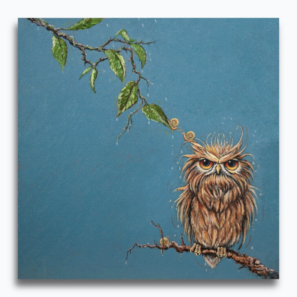 'Love in a Cold Climate...' is a loose sequel to the earlier piece 'Big Drip, Little Owl!'. In this latest painting, the featured character is a beautifully painted Horned Owl that has a little yellow snail sitting at the tip of one of its ears. Look closer: the snail has made contact with another that's balanced on an overhanging leaf! Little wonder that the owl looks so grumpy! Painted by renowned UK wildlife artist Ann Richmond, the artwork comes alive with vibrant brush strokes over a richly textured canvas, capturing the delicate interplay of nature in a moment of quiet wonder. Each piece in The Wylde Ones is rendered in Richmond’s fresh, energetic, and gestural new style—a deliberate departure from her works in The Otherwurlde Collection. The backgrounds are carefully matched to hues from a heritage palette we affectionately call “Barrow & Fall”; complementing these striking and distinctive portrayals of British wildlife. Discover the original works and fine-art prints at Otherwurlde.com.