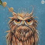 'Love in a Cold Climate...' is a loose sequel to the earlier piece 'Big Drip, Little Owl!'. In this latest painting, the featured character is a beautifully painted Horned Owl that has a little yellow snail sitting at the tip of one of its ears. Look closer: the snail has made contact with another that's balanced on an overhanging leaf! Little wonder that the owl looks so grumpy! Painted by renowned UK wildlife artist Ann Richmond, the artwork comes alive with vibrant brush strokes over a richly textured canvas, capturing the delicate interplay of nature in a moment of quiet wonder. Each piece in The Wylde Ones is rendered in Richmond’s fresh, energetic, and gestural new style—a deliberate departure from her works in The Otherwurlde Collection. The backgrounds are carefully matched to hues from a heritage palette we affectionately call “Barrow & Fall”; complementing these striking and distinctive portrayals of British wildlife. Discover the original works and fine-art prints at Otherwurlde.com.