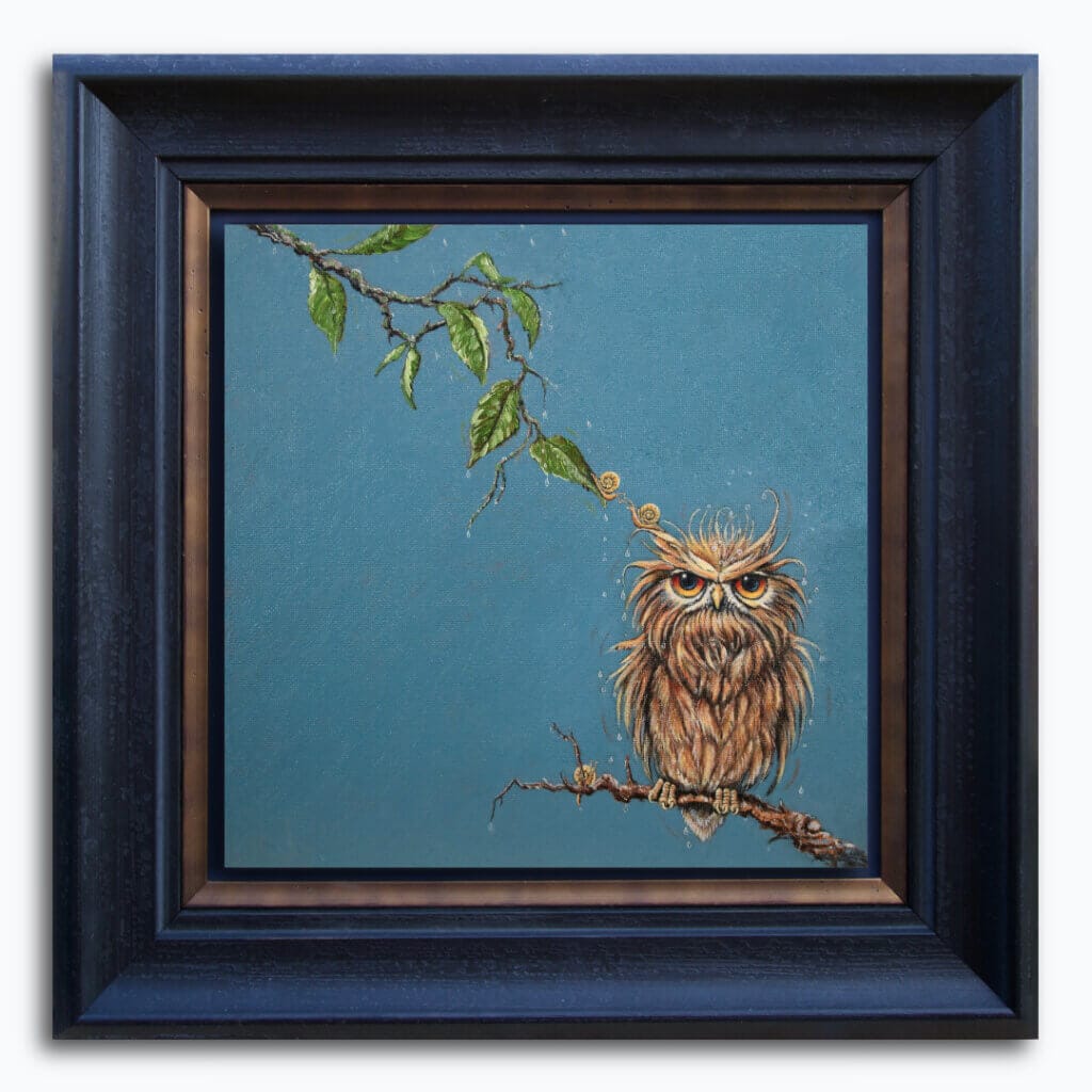 'Love in a Cold Climate...' is a loose sequel to the earlier piece 'Big Drip, Little Owl!'. In this latest painting, the featured character is a beautifully painted Horned Owl that has a little yellow snail sitting at the tip of one of its ears. Look closer: the snail has made contact with another that's balanced on an overhanging leaf! Little wonder that the owl looks so grumpy! Painted by renowned UK wildlife artist Ann Richmond, the artwork comes alive with vibrant brush strokes over a richly textured canvas, capturing the delicate interplay of nature in a moment of quiet wonder. Each piece in The Wylde Ones is rendered in Richmond’s fresh, energetic, and gestural new style—a deliberate departure from her works in The Otherwurlde Collection. The backgrounds are carefully matched to hues from a heritage palette we affectionately call “Barrow & Fall”; complementing these striking and distinctive portrayals of British wildlife. Discover the original works and fine-art prints at Otherwurlde.com.