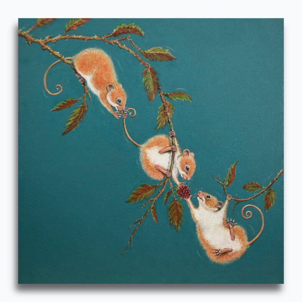 'The Great Divide...' is a loose sequel to the earlier piece 'Three Thieves!'. Our trio of berry-snatching field mice have now reached the enticing berry that's been just out of reach to this point... Now comes the REALLY hard part: dividing up the spoils! Painted by renowned UK wildlife artist Ann Richmond, the artwork comes alive with vibrant brush strokes over a richly textured canvas, capturing the delicate interplay of nature in a moment of quiet wonder. Each piece in The Wylde Ones is rendered in Richmond’s fresh, energetic, and gestural new style—a deliberate departure from her works in The Otherwurlde Collection. The backgrounds are carefully matched to hues from a heritage palette we affectionately call “Barrow & Fall”; complementing these striking and distinctive portrayals of British wildlife. Discover the original works and fine-art prints at Otherwurlde.com.