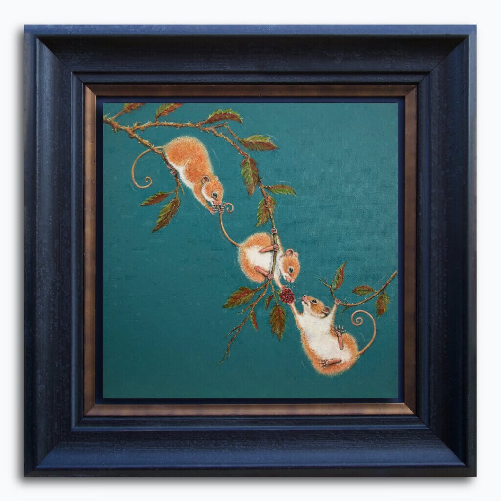 'The Great Divide...' is a loose sequel to the earlier piece 'Three Thieves!'. Our trio of berry-snatching field mice have now reached the enticing berry that's been just out of reach to this point... Now comes the REALLY hard part: dividing up the spoils! Painted by renowned UK wildlife artist Ann Richmond, the artwork comes alive with vibrant brush strokes over a richly textured canvas, capturing the delicate interplay of nature in a moment of quiet wonder. Each piece in The Wylde Ones is rendered in Richmond’s fresh, energetic, and gestural new style—a deliberate departure from her works in The Otherwurlde Collection. The backgrounds are carefully matched to hues from a heritage palette we affectionately call “Barrow & Fall”; complementing these striking and distinctive portrayals of British wildlife. Discover the original works and fine-art prints at Otherwurlde.com.