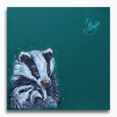 'Flutterby…' captures a tender woodland moment as two young badger cubs nestle into their mother’s warm embrace. Wide-eyed with curiosity, they watch an ethereal Chalk Blue butterfly drift past, while their mother offers the calm assurance that all is well in their little world. A scene full of mischief, warmth, and woodland charm Painted by renowned UK wildlife artist Ann Richmond, the artwork comes alive with vibrant brush strokes over a richly textured canvas, capturing the delicate interplay of nature in a moment of quiet wonder. Each piece in The Wylde Ones is rendered in Richmond’s fresh, energetic, and gestural new style—a deliberate departure from her works in The Otherwurlde Collection. The backgrounds are carefully matched to hues from a heritage palette we affectionately call “Barrow & Fall”; complementing these striking and distinctive portrayals of British wildlife. Discover the original works and fine-art prints at Otherwurlde.com.