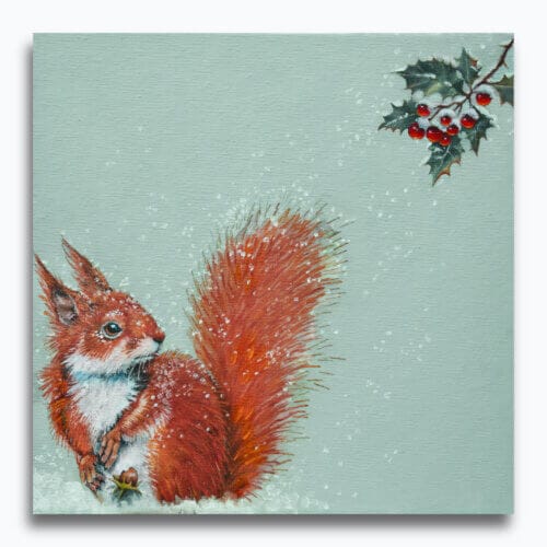 'A Berry Good Day!' captures a playful winter moment as a red squirrel, out foraging in the snow, drops his prized acorn in astonishment at the sight of a cluster of bright holly berries. A scene full of mischief, warmth, and woodland charm Painted by renowned UK wildlife artist Ann Richmond, the artwork comes alive with vibrant brush strokes over a richly textured canvas, capturing the delicate interplay of nature in a moment of quiet wonder. Each piece in The Wylde Ones is rendered in Richmond’s fresh, energetic, and gestural new style—a deliberate departure from her works in The Otherwurlde Collection. The backgrounds are carefully matched to hues from a heritage palette we affectionately call “Barrow & Fall”; complementing these striking and distinctive portrayals of British wildlife. Discover the original works and fine-art prints at Otherwurlde.com.
