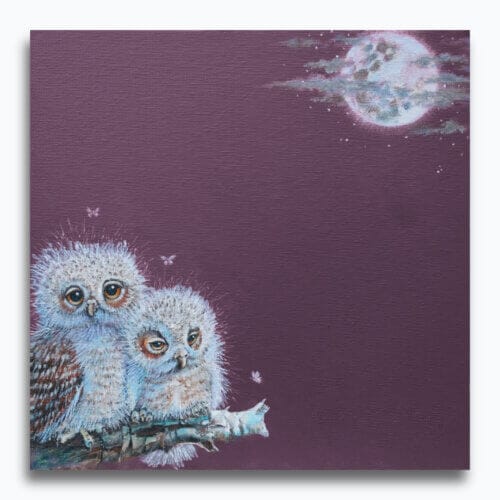 'Out on a Limb…' captures a tender moment as two tawny owl chicks perch together on a moonlit branch. Clouds drift lazily across the night sky while delicate moths dance in the glow — a gentle, pastoral scene full of quiet courage and countryside charm. Painted by renowned UK wildlife artist Ann Richmond, the artwork comes alive with vibrant brush strokes over a richly textured canvas, capturing the delicate interplay of nature in a moment of quiet wonder. Each piece in The Wylde Ones is rendered in Richmond’s fresh, energetic, and gestural new style—a deliberate departure from her works in The Otherwurlde Collection. The backgrounds are carefully matched to hues from a heritage palette we affectionately call “Barrow & Fall”; complementing these striking and distinctive portrayals of British wildlife. Discover the original works and fine-art prints at Otherwurlde.com.