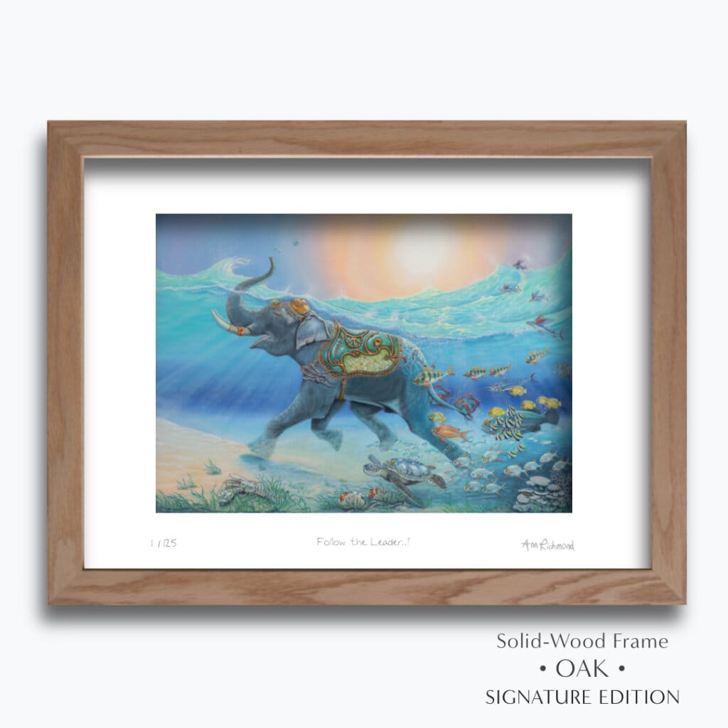 Follow the Leader?, painted by renowned UK fantasy artist Ann Richmond, is a provocative and stunning piece of fantasy art featuring a happy Indian elephant swimming towards shore whilst followed by a mixed shoal of tropical fish. Part of the Otherwurlde Collection—and created in collaboration with writer Gary Hyland—the piece transports viewers into a magical realm where armoured animals and evocative narratives come to life. Offered as affordable art with story, collectors can choose between the original artwork and an exclusive range of fine-art prints. Discover the enchantment at Otherwurlde.com.