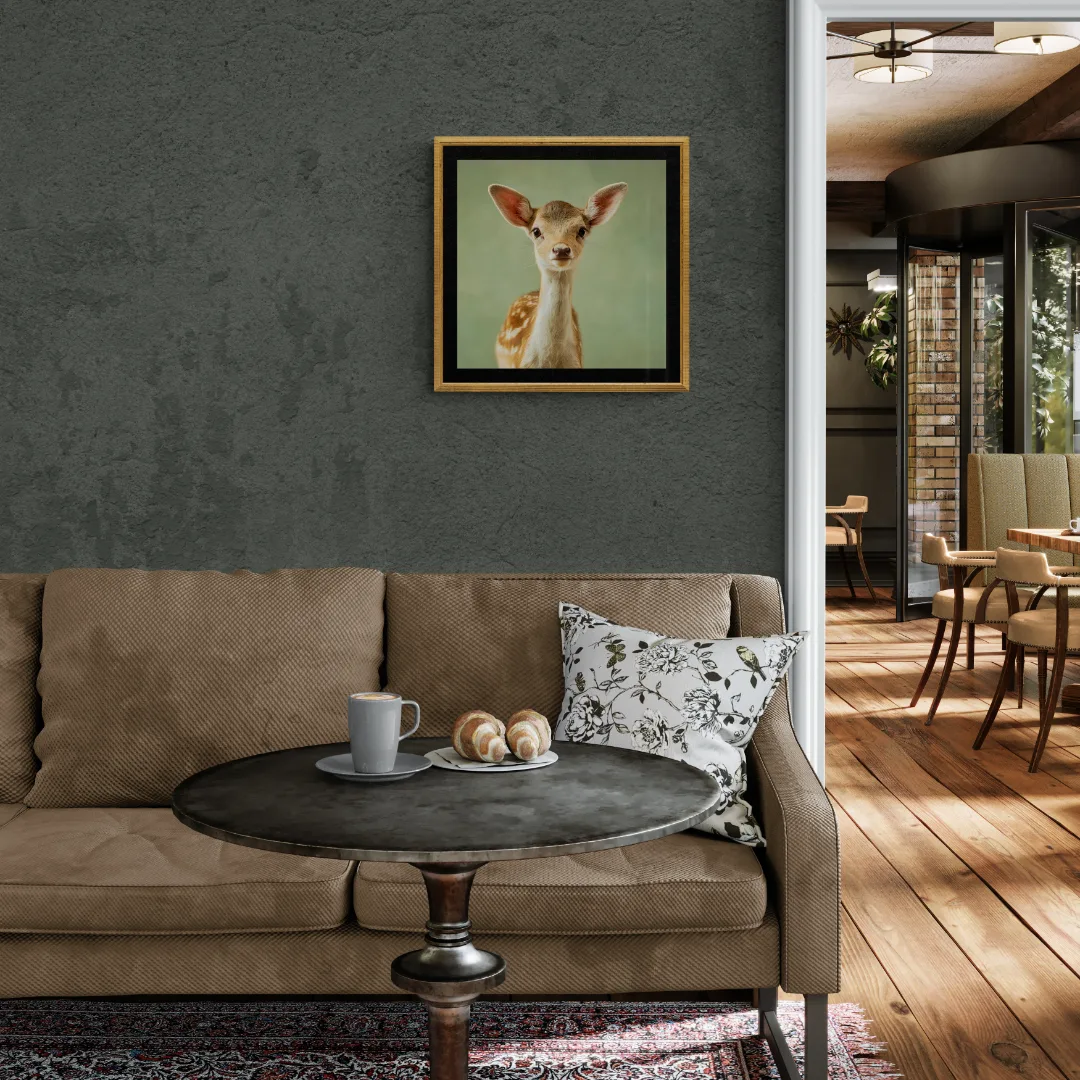 Fallow Deer Fawn, created by innovative UK digital artist Gary Hyland, captures the stunning innocence of a baby fallow deer, delicately drawn to harmonise with a graduated, earthy sage-green background. This enchanting piece from the Fauna Collection celebrates the purity and charm of nature through a minimalist yet captivating composition, where the subtle gingery-brown accents in the deer's hide resonate with the backdrop. An impossibly cute and gentle vision, Fallow Deer Fawn transports us to a timeless, unspoiled realm of natural beauty, blended with a subtle twist of colour. Discover original artworks and fine-art prints from this endearing series at Otherwurlde.com.