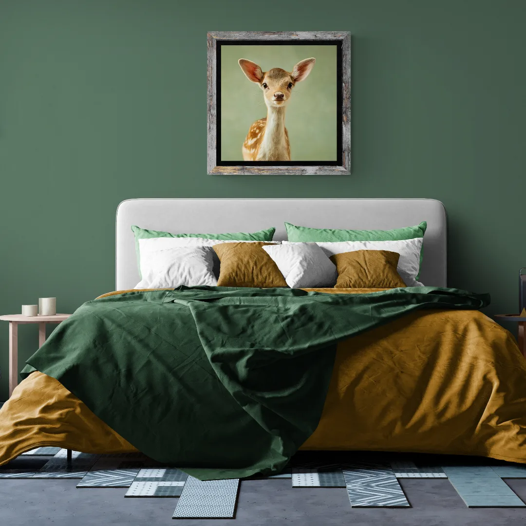 Fallow Deer Fawn, created by innovative UK digital artist Gary Hyland, captures the stunning innocence of a baby fallow deer, delicately drawn to harmonise with a graduated, earthy sage-green background. This enchanting piece from the Fauna Collection celebrates the purity and charm of nature through a minimalist yet captivating composition, where the subtle gingery-brown accents in the deer's hide resonate with the backdrop. An impossibly cute and gentle vision, Fallow Deer Fawn transports us to a timeless, unspoiled realm of natural beauty, blended with a subtle twist of colour. Discover original artworks and fine-art prints from this endearing series at Otherwurlde.com.