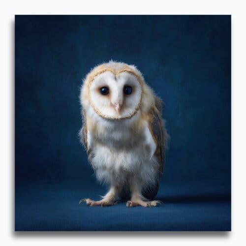 Barn Owlet, created by innovative UK digital artist Gary Hyland, captures the stunning innocence of a baby Barn Owl, delicately placed against a smoothly graduated rich sapphire-blue background. This enchanting piece from the Fauna Collection celebrates the purity and charm of nature through a minimalist yet captivating composition, where the subtle accents in the Owl's feathers resonate with the backdrop. An impossibly cute and gentle vision, Barn Owlet transports us to a timeless, unspoiled realm of natural beauty, blended with a subtle twist of colour. Discover original artworks and fine-art prints from this endearing series at Otherwurlde.com.