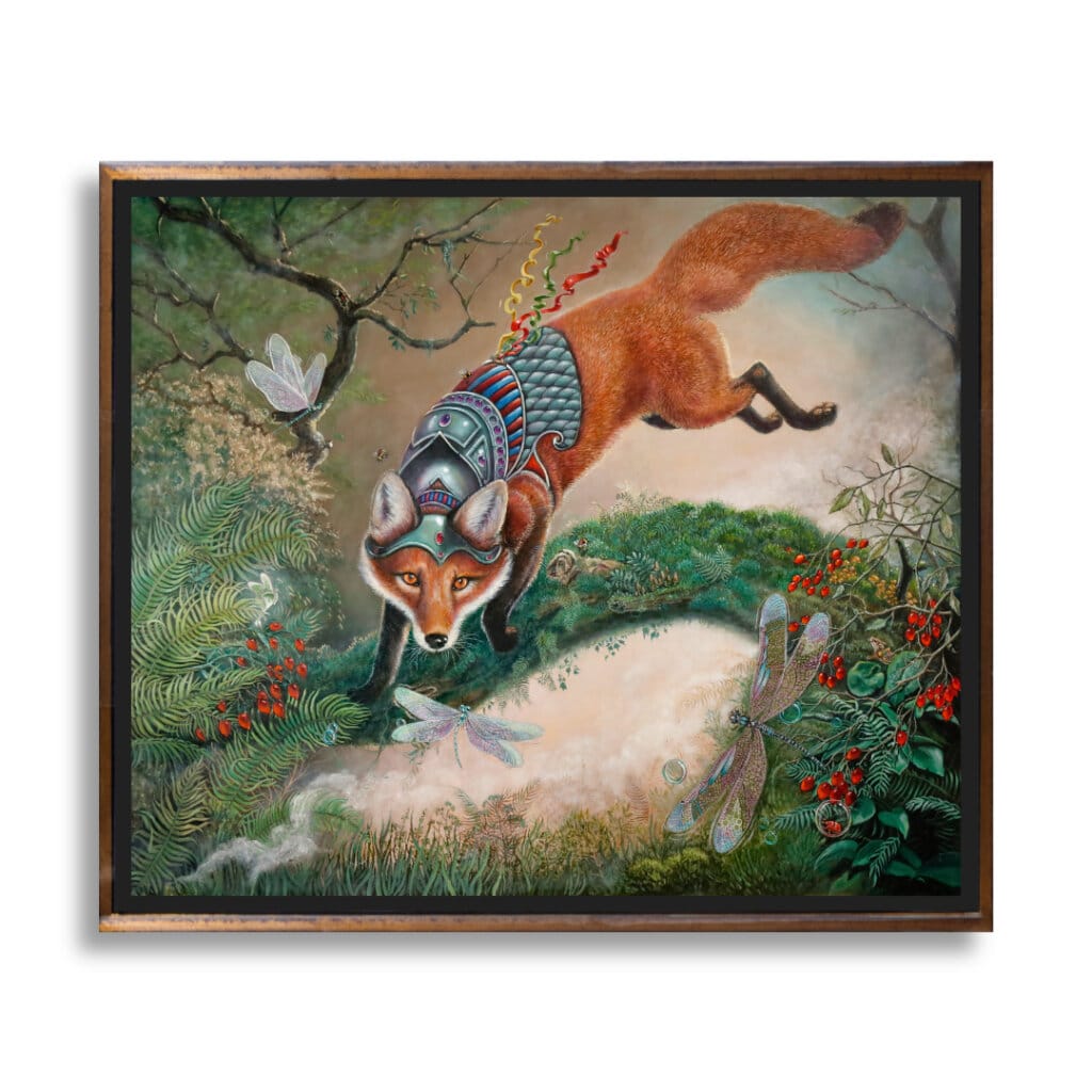 Prime Time... by Ann Richmond, follows a young fox as it encounters newly emerged dragonflies — a fleeting, magical moment that quietly explores time, transformation, and the idea that life is not measured by length, but by intensity. Part of the Otherwurlde Collection—created in collaboration with writer Gary Hyland—Ravensong invites collectors into a world where armoured animals and hidden narratives converge. Available as the original artwork and in a limited range of fine-art prints. Discover more at Otherwurlde.com.