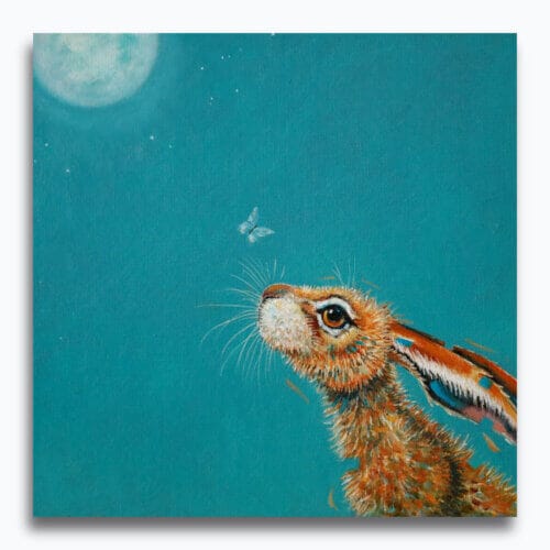 “Moongazing…” captures a quietly evocative moment as a hare stretches its neck, transfixed by the glow of a full moon. A pale moth drifts past its nose, unnoticed, as the hardy creature remains utterly absorbed in the mystery of the night sky. Painted by renowned UK wildlife artist Ann Richmond, the artwork comes alive with vibrant brush strokes over a richly textured canvas, capturing the delicate interplay of nature in a moment of quiet wonder. Each piece in The Wylde Ones is rendered in Richmond’s fresh, energetic, and gestural new style—a deliberate departure from her works in The Otherwurlde Collection. The backgrounds are carefully matched to hues from a heritage palette we affectionately call “Barrow & Fall”; complementing these striking and distinctive portrayals of British wildlife. Discover the original works and fine-art prints at Otherwurlde.com.