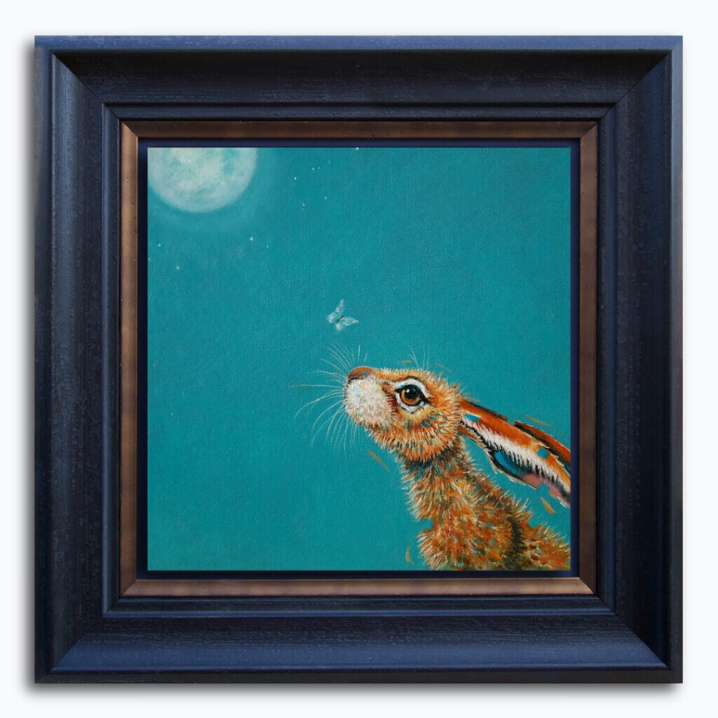 “Moongazing…” captures a quietly evocative moment as a hare stretches its neck, transfixed by the glow of a full moon. A pale moth drifts past its nose, unnoticed, as the hardy creature remains utterly absorbed in the mystery of the night sky. Painted by renowned UK wildlife artist Ann Richmond, the artwork comes alive with vibrant brush strokes over a richly textured canvas, capturing the delicate interplay of nature in a moment of quiet wonder. Each piece in The Wylde Ones is rendered in Richmond’s fresh, energetic, and gestural new style—a deliberate departure from her works in The Otherwurlde Collection. The backgrounds are carefully matched to hues from a heritage palette we affectionately call “Barrow & Fall”; complementing these striking and distinctive portrayals of British wildlife. Discover the original works and fine-art prints at Otherwurlde.com.