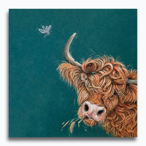 “Morag Munchin’” portrays a wonderfully characterful ginger Highland cow, contentedly chewing an ear of barley with a winning, slightly cheeky tilt of the head. As she munches, a delicate pale-pink butterfly drifts in to settle on one of her horns, completing a scene full of warmth and gentle countryside charm. Painted by renowned UK wildlife artist Ann Richmond, the artwork comes alive with vibrant brush strokes over a richly textured canvas, capturing the delicate interplay of nature in a moment of quiet wonder. Each piece in The Wylde Ones is rendered in Richmond’s fresh, energetic, and gestural new style—a deliberate departure from her works in The Otherwurlde Collection. The backgrounds are carefully matched to hues from a heritage palette we affectionately call “Barrow & Fall”; complementing these striking and distinctive portrayals of British wildlife. Discover the original works and fine-art prints at Otherwurlde.com.
