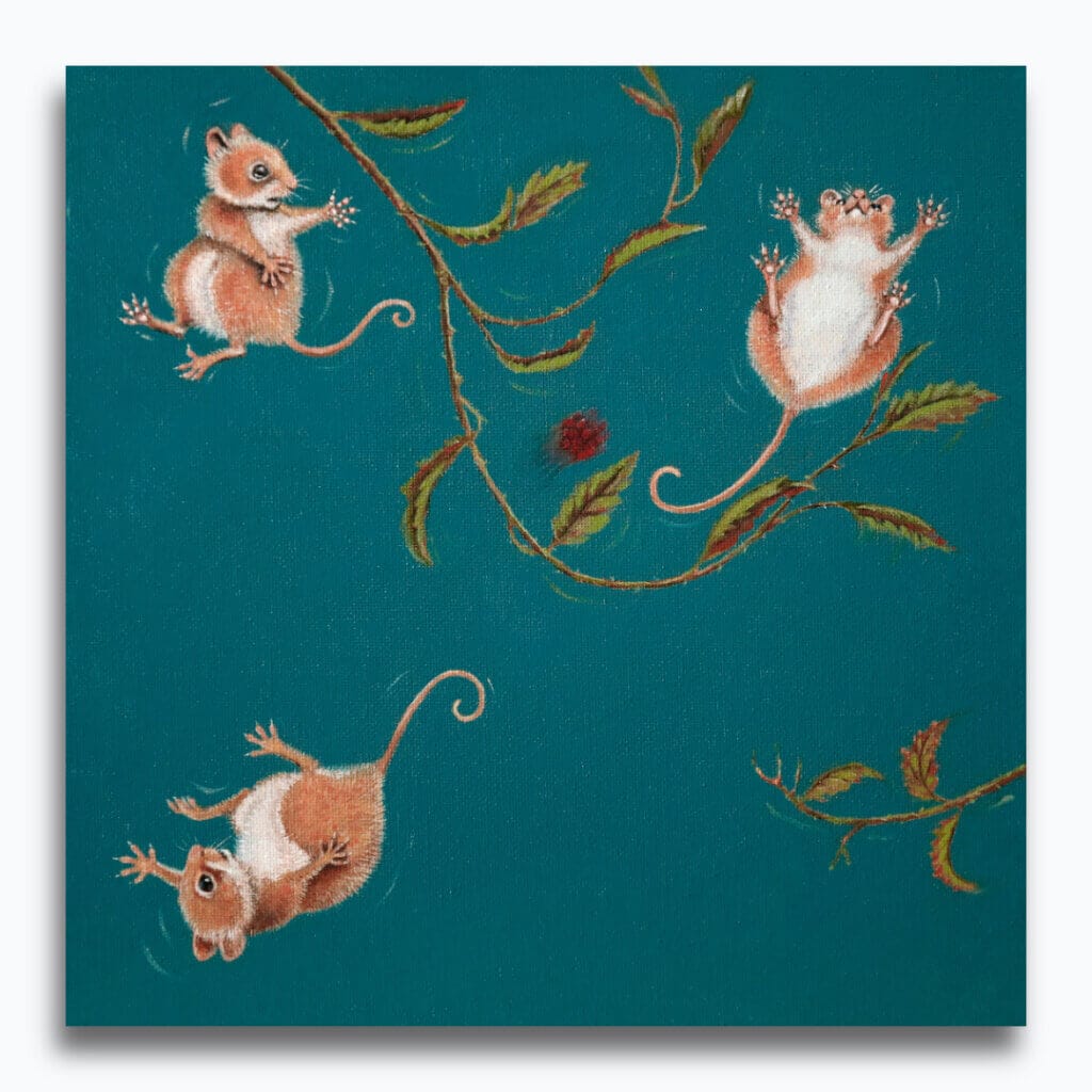 “Twang!” brings the Three Thieves tale to its conclusion as the villains are catapulted from their precarious branch, undone at the very moment they reach for the coveted berry. A comic woodland finale full of motion, mischief, and poetic justice. Painted by renowned UK wildlife artist Ann Richmond, the artwork comes alive with vibrant brush strokes over a richly textured canvas, capturing the delicate interplay of nature in a moment of quiet wonder. Each piece in The Wylde Ones is rendered in Richmond’s fresh, energetic, and gestural new style—a deliberate departure from her works in The Otherwurlde Collection. The backgrounds are carefully matched to hues from a heritage palette we affectionately call “Barrow & Fall”; complementing these striking and distinctive portrayals of British wildlife. Discover the original works and fine-art prints at Otherwurlde.com.