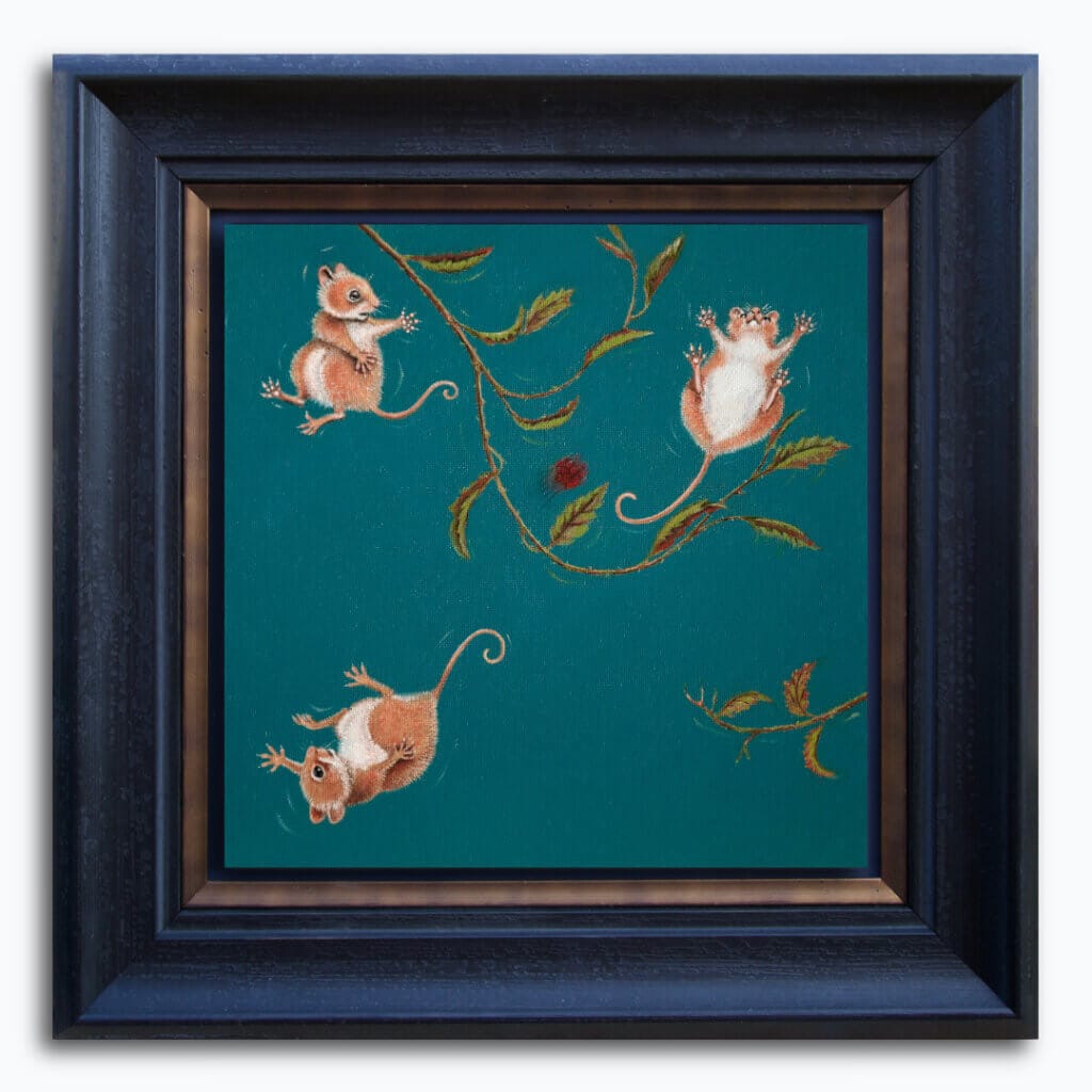 “Twang!” brings the Three Thieves tale to its conclusion as the villains are catapulted from their precarious branch, undone at the very moment they reach for the coveted berry. A comic woodland finale full of motion, mischief, and poetic justice. Painted by renowned UK wildlife artist Ann Richmond, the artwork comes alive with vibrant brush strokes over a richly textured canvas, capturing the delicate interplay of nature in a moment of quiet wonder. Each piece in The Wylde Ones is rendered in Richmond’s fresh, energetic, and gestural new style—a deliberate departure from her works in The Otherwurlde Collection. The backgrounds are carefully matched to hues from a heritage palette we affectionately call “Barrow & Fall”; complementing these striking and distinctive portrayals of British wildlife. Discover the original works and fine-art prints at Otherwurlde.com.