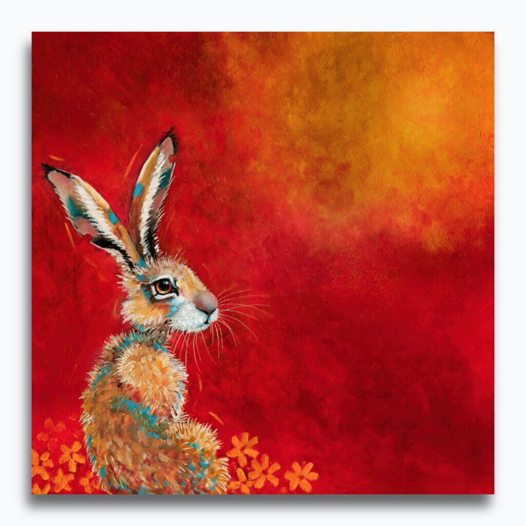 “Hare, Dryer…” presents a serene portrait of a hare at dawn, bathed in the soft warmth of a rising sun. Set against rich tones of red, yellow, and marigold, the hare rests calmly among oversized, abstracted flowers — a quietly radiant scene that speaks of warmth, stillness, and gentle renewal. Painted by renowned UK wildlife artist Ann Richmond, the artwork comes alive with vibrant brush strokes over a richly textured canvas, capturing the delicate interplay of nature in a moment of quiet wonder. Each piece in The Wylde Ones is rendered in Richmond’s fresh, energetic, and gestural new style—a deliberate departure from her works in The Otherwurlde Collection. The backgrounds are carefully matched to hues from a heritage palette we affectionately call “Barrow & Fall”; complementing these striking and distinctive portrayals of British wildlife. Discover the original works and fine-art prints at Otherwurlde.com.
