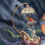 Strangers in a Strange Land, painted by renowned UK fantasy artist Ann Richmond, is a beautiful and enchanting piece of fantasy art featuring an aristocratic pug sitting regally in a howdah atop a flamboyant flamingo. Part of the Otherwurlde Collection—and created in collaboration with writer Gary Hyland—the piece transports viewers into a magical realm where armoured animals and evocative narratives come to life. Offered as affordable art with story, collectors can choose between the original artwork and an exclusive range of fine-art prints. Discover the enchantment at Otherwurlde.com.