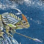 Quicksilver!, painted by renowned UK fantasy artist Ann Richmond, is a stunning and captivating piece of fantasy art featuring an Oranda carp and a hopeful frog in pursuit of a swift barracuda. Part of the Otherwurlde Collection—and created in collaboration with writer Gary Hyland—the piece transports viewers into a magical realm where armoured animals and evocative narratives come to life. Offered as affordable art with story, collectors can choose between the original artwork and an exclusive range of fine-art prints. Discover the enchantment at Otherwurlde.com.